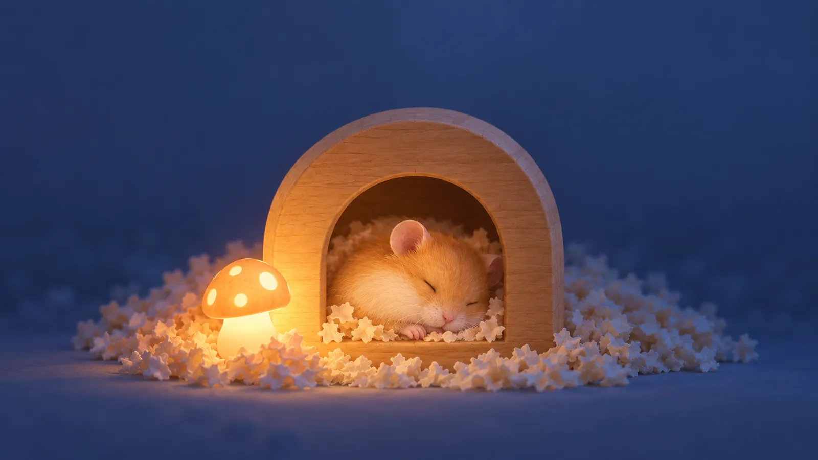 Illustration: at night a small mushroom lamp glows beside the same wooden hut; inside, the hamster sleeps curled up on paper bedding.