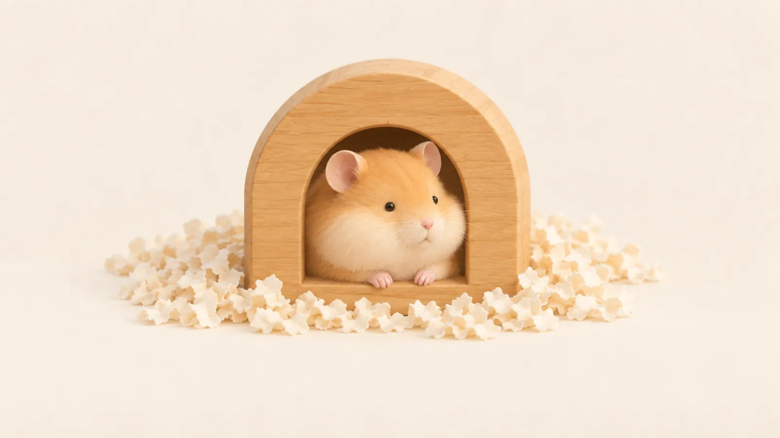 Illustration: a golden hamster peeks out of the arched doorway of a wooden hut, front paws on the sill, in a drift of star-shaped paper bedding.