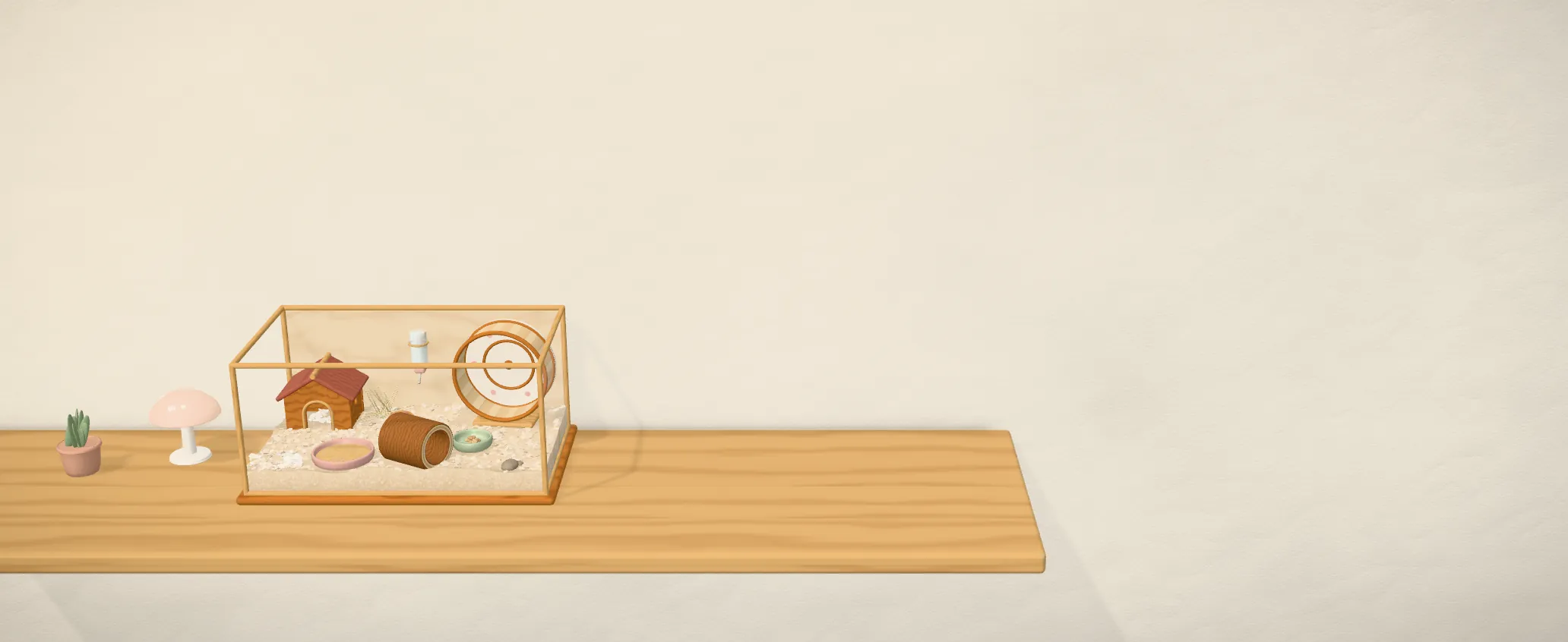 In-game: the home box alone on its wooden shelf, beside a mushroom lamp and a little plant.