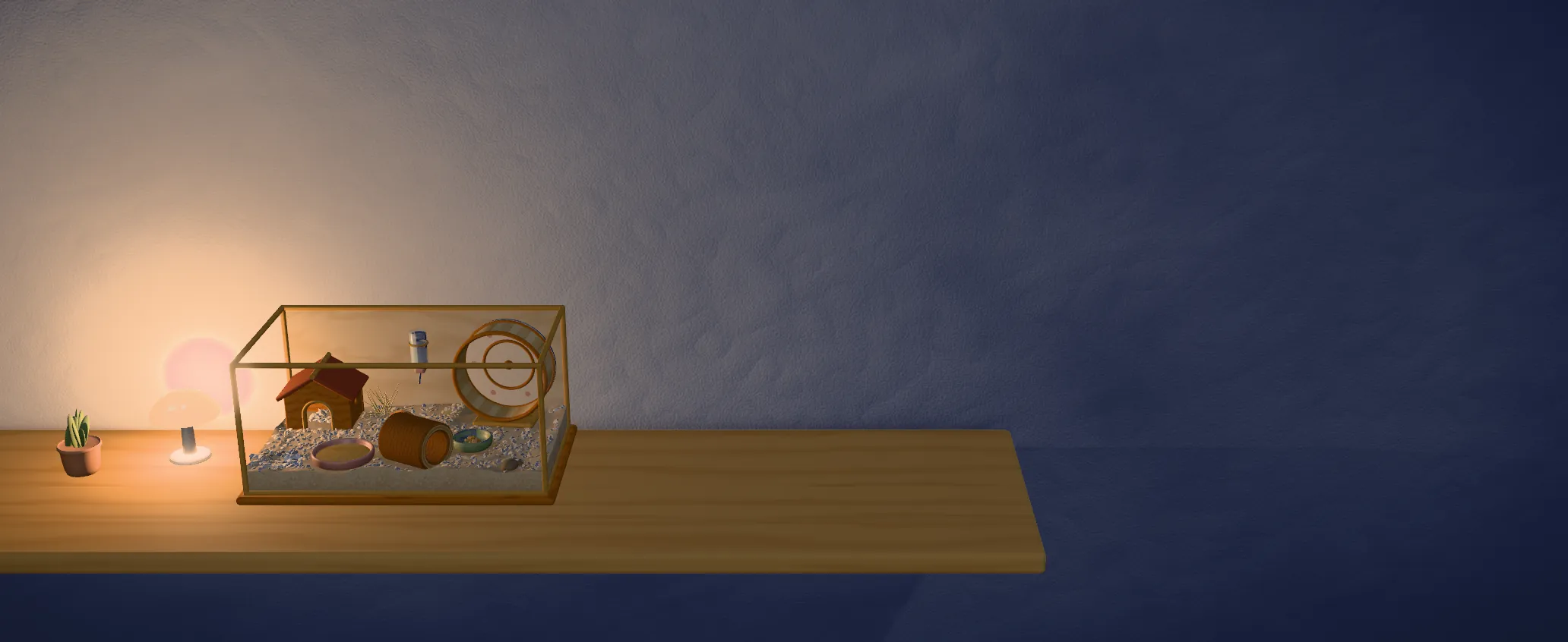 In-game, at night: the home box alone on its wooden shelf, beside a mushroom lamp and a little plant.