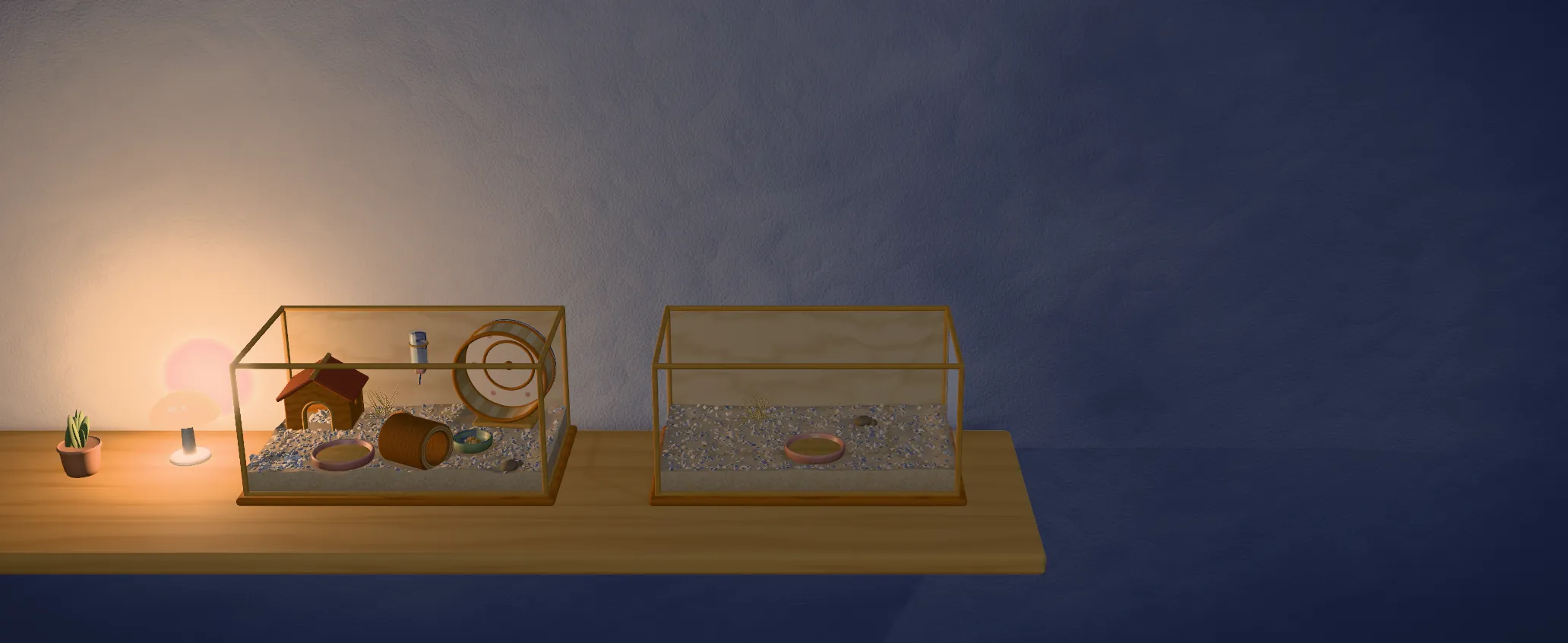 In-game, at night: a second, empty box hung on the shelf beside the home box, not joined yet.