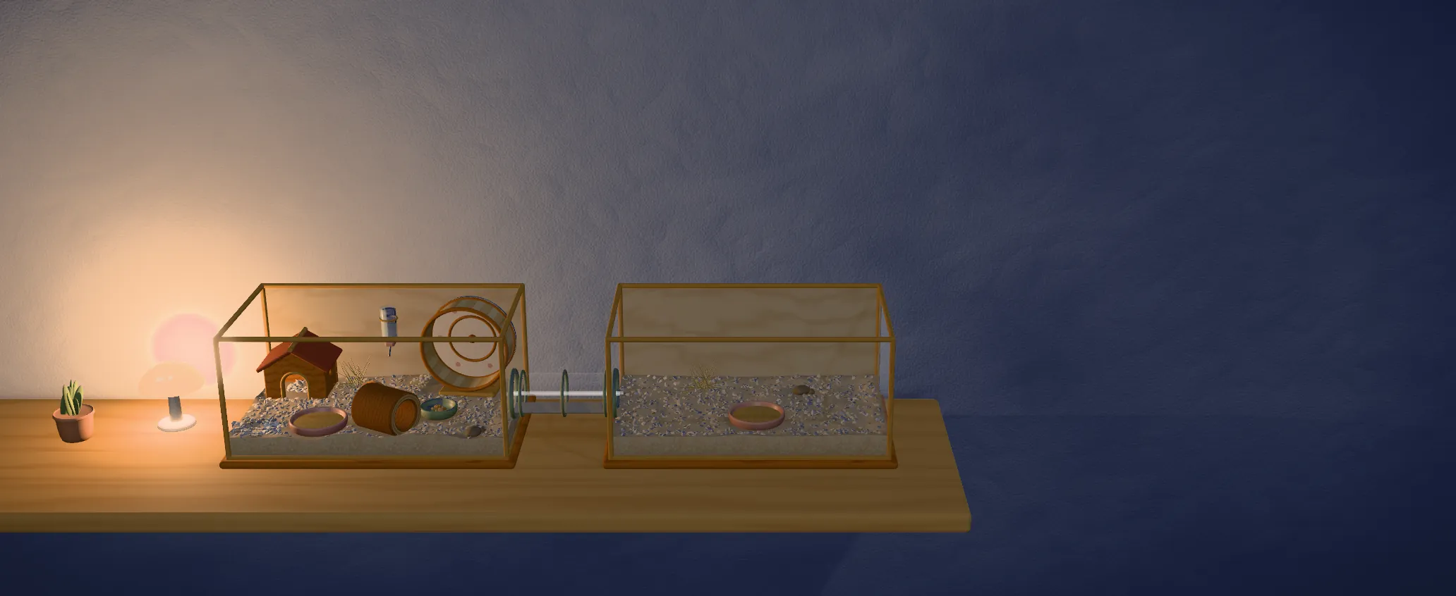 In-game, at night: the two boxes joined by a clear tube with pale green collars.
