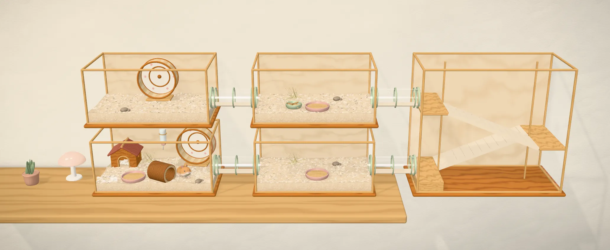 In-game: four boxes in two rows, joined by tubes, and a stair tower beside them with zigzag flights.