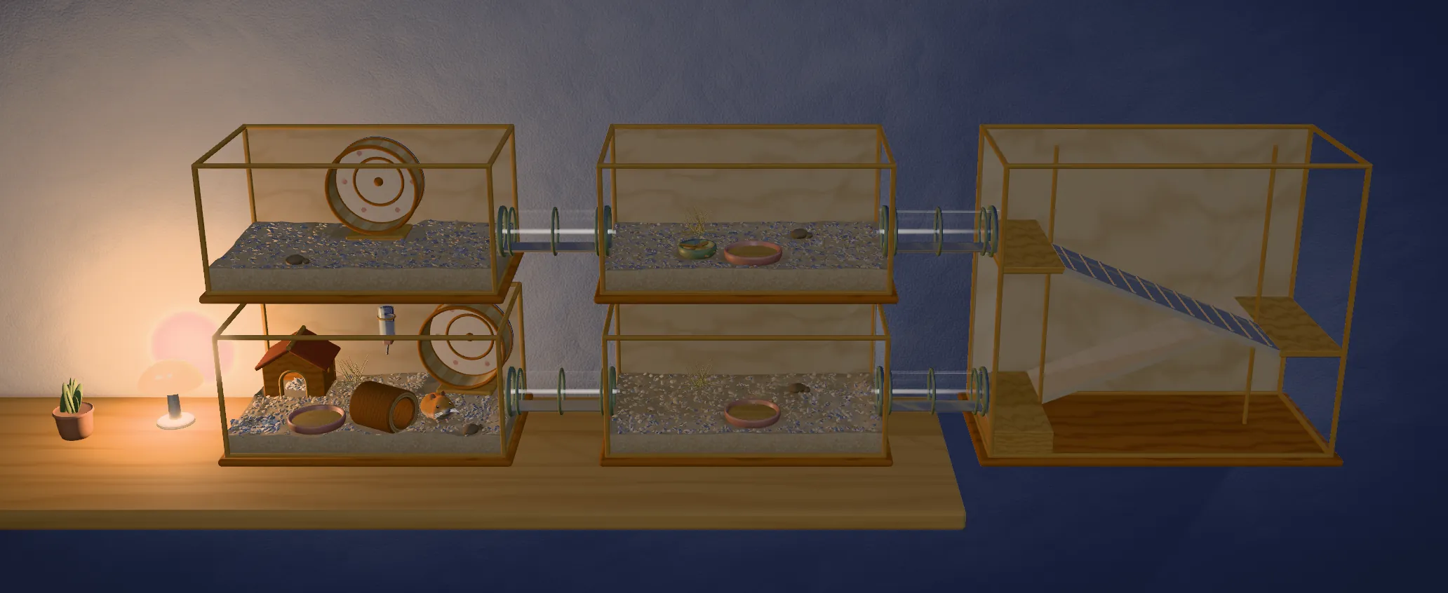 In-game, at night: four boxes in two rows, joined by tubes, and a stair tower beside them with zigzag flights.
