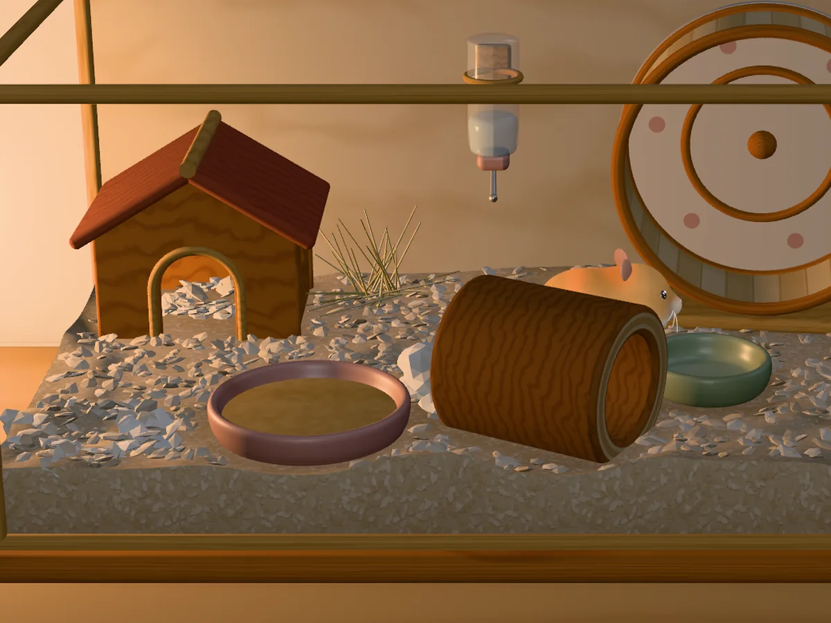 In-game, last night: the box under the lamp, the hamster up and about, a fresh tissue on the bedding.
